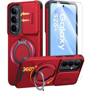 JAME for Samsung Galaxy S26+ Plus Case, Ring Holder Stand Kickstand, Slide Camera Cover with Screen Protector, Dual-Layer Shockproof Protective, Magnetic Accessory Friendly S26 Plus Phone Case, Red