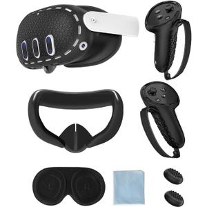 Protective Cover for Oculus/Meta Quest 3 Accessories, Silicone Controllers Grip Cover Protector, Soft Shell Skin with Face Cover and Lens Cover by Gwyoneaon (Black)