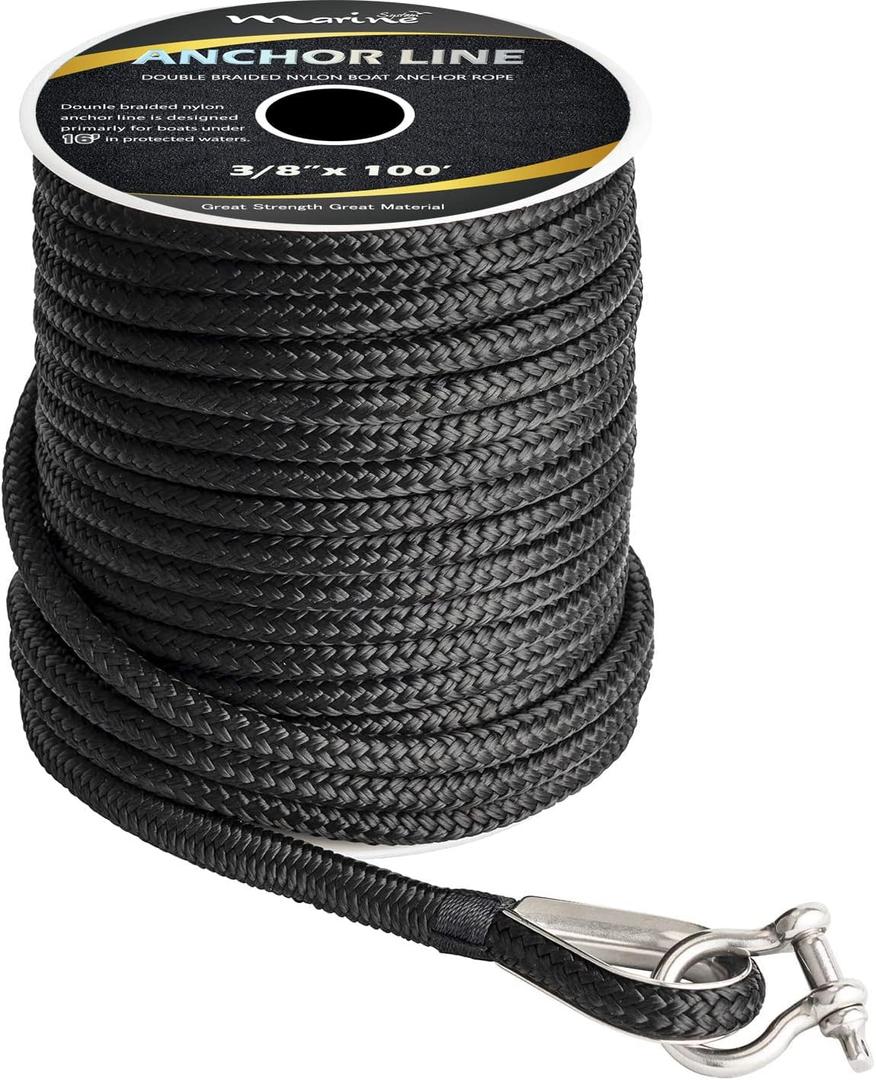 Made 3/8 Inch 100 FT 150 FT Black Grey Nylon Anchor Line Double Braided Anchor Rope/Line with Thimble (3/8" x 100' Black Nylon)