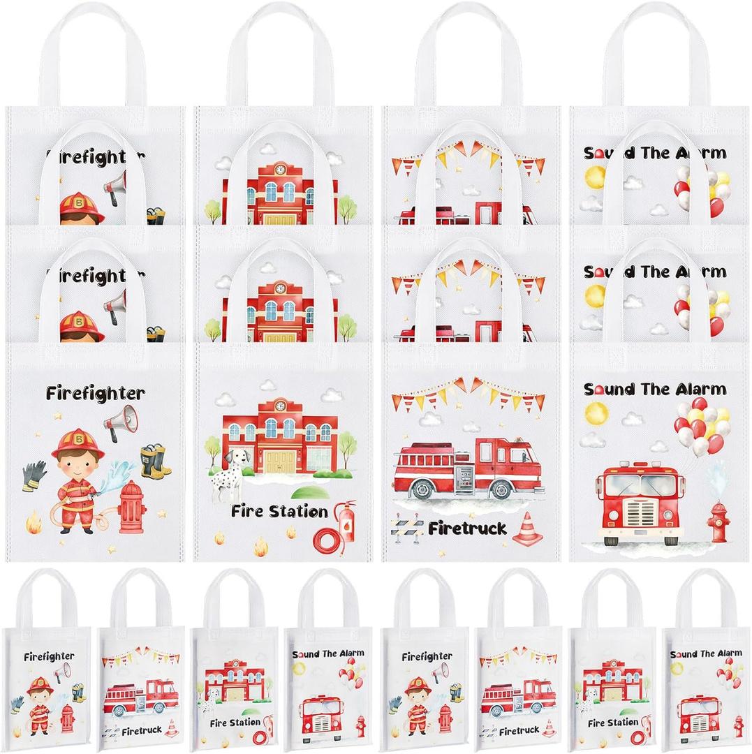 24 Pcs Firetruck Party Favors Gift Bags Christmas Fire Truck Theme Birthday Decorations Party Supplies Non Woven Reusable Firefighter Goodie Gift Bags with Handles