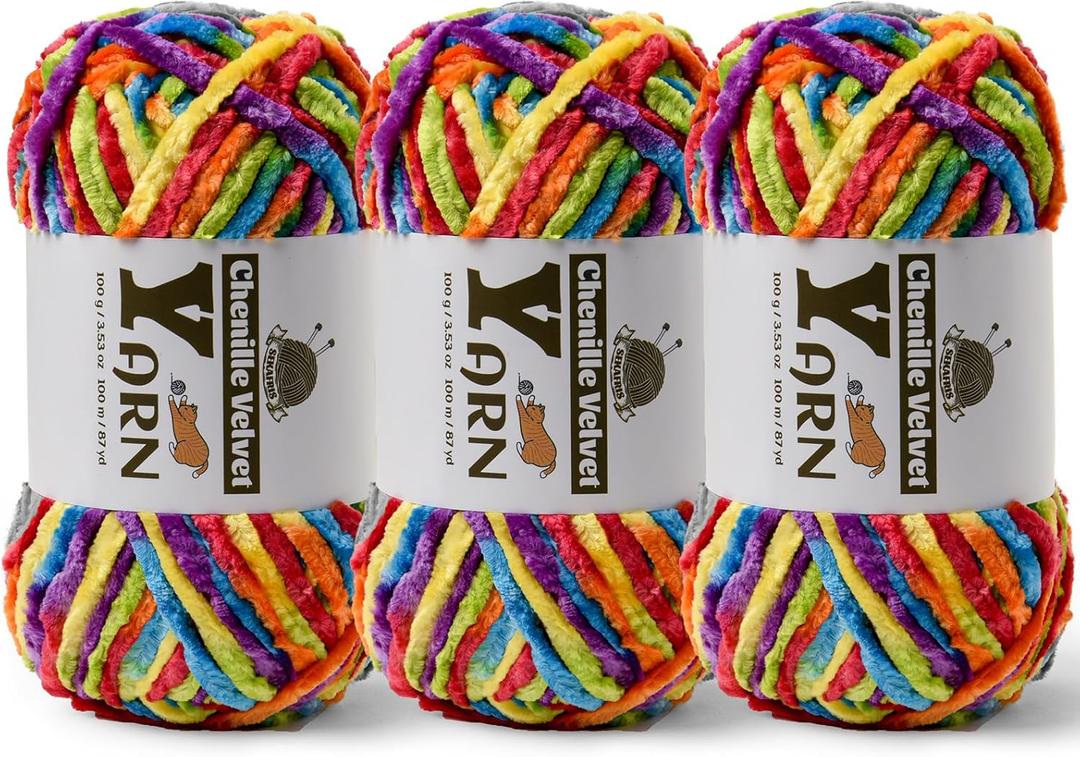 3 Pack Plush Chenille Chunky Yarn - Fluffy Velvet Yarn Crochet for Blanket Knitting and Crocheting - Soft Baby Yarns for Crocheting - Amigurumi Crochet Yarns 100g (87yds) (3 Rainbow)
