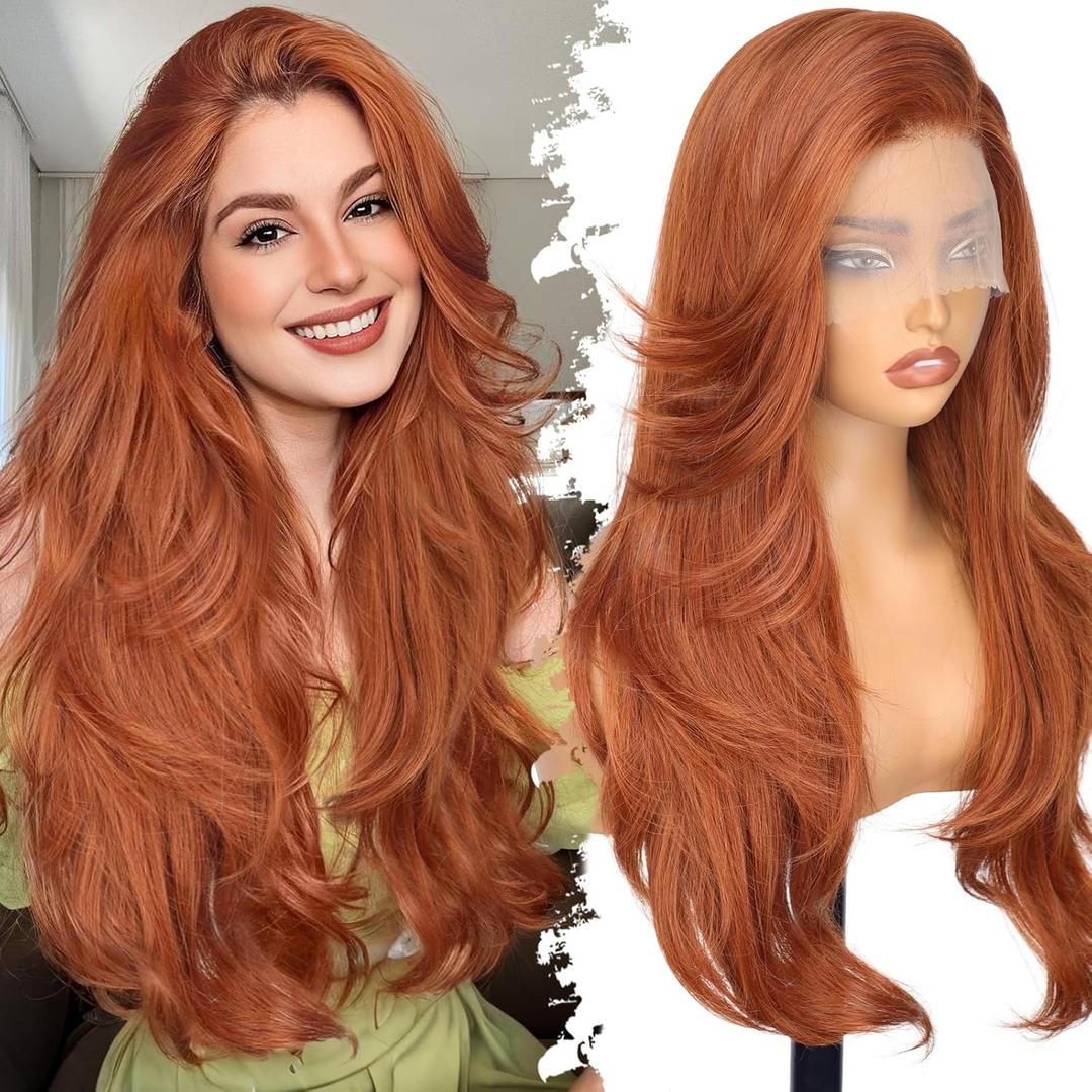 Eawwii 13x4 HD Lace Front Glueless Wigs for Women Ginger Long Layered Overnight Curls Wave Wig Natural Hairline Heat Resistant Synthetic for Daily Use Beginner Friendly 26 Inch