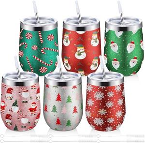 Sliner 6 Pack Pack Christmas Glitter Tumbler Bulk, 12 oz Holiday Wine Tumbler Set Stainless Steel Insulated Sparkling Glitter Cup with Lids Straws and Brushes Travel Mug Xmas Gift (Snowman Style)