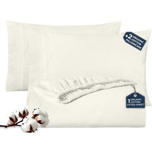 ROYALE LINENS Fitted Sheet with Pillowcases - Full Fitted Sheets with 2 Pillowcases - 300 Thread Count 100% Organic Cotton - Fits Mattress Up to 18" Deep - Soft & Breathable - Ivory (No Flat Sheet)