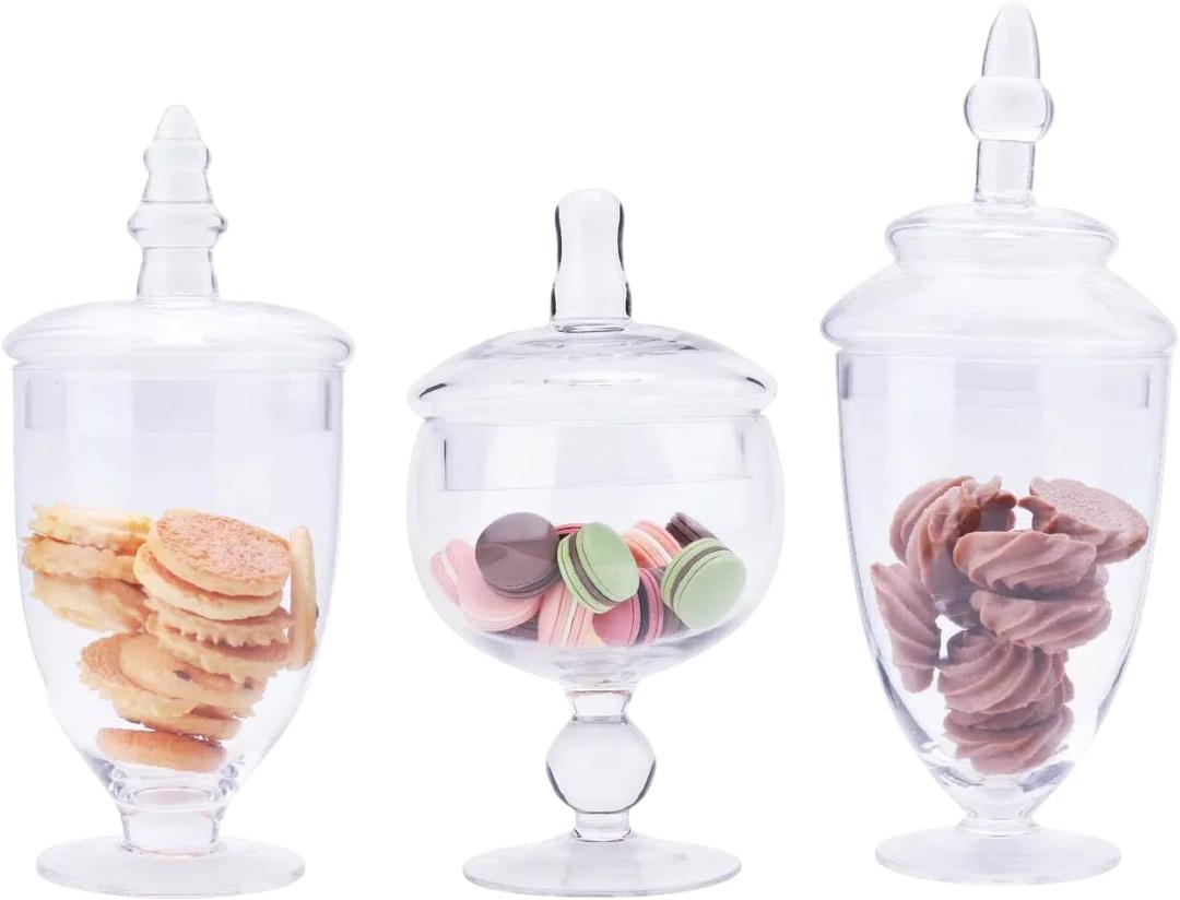 Glass Apothecary Jars with Lids, Small Storage Containers, Set of 3 Wide Mouth Storage Candy Jar Decorative Candy Buffet Organizer Canisters Elegant Kitchen (Height: 8.3" 10.5" 8.3", Round)