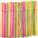 7 x 150PCS Disposable Plastic Drinking Straws - Flexible Straws Disposable Long Colorful PP Plastic Striped Assorted Colors for Home Use Milk Juice Drinks (Fluorescent Color)