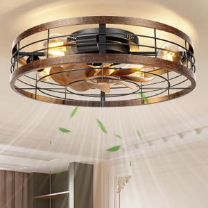 VOLISUN Farmhouse Caged Ceiling Fans with Lights Flush Mount, 23.6'' Rustic Low Profile Ceiling Fan with Light and Remote, Bladeless Fandelier Ceiling Fans with Lights for Kitchen, Bedroom-Gold