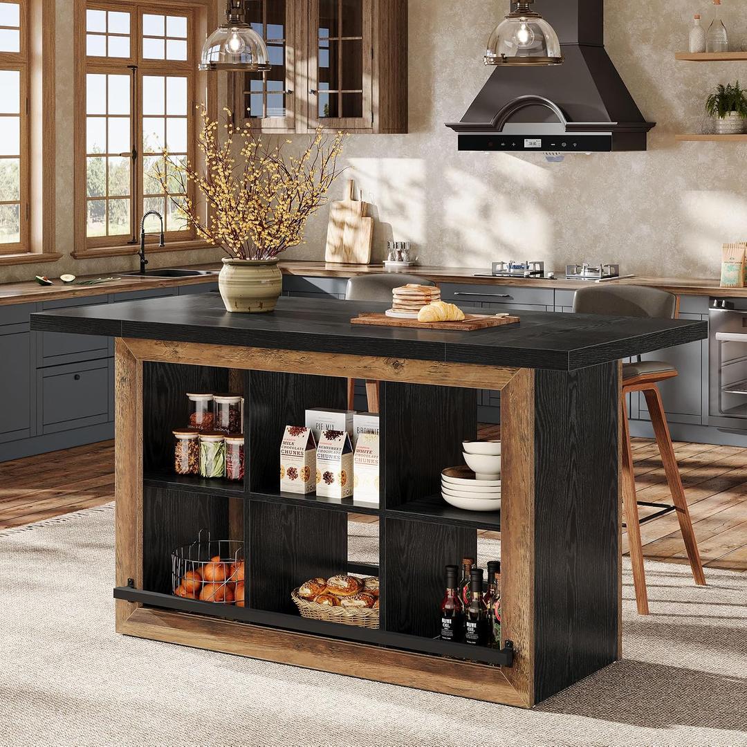 Tribesigns Kitchen Island with Storage, Farmhouse Island Bar, Black&Brown, Large