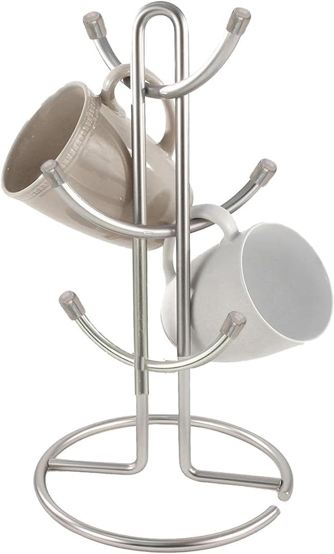 FitWell Mugs Holder, Mug Tree, Coffee Mug Holder, Coffee Mug Tree, Mug Organizer for Cabinet, Mug Holder Stand, Coffee & Tea Cup Storage Rack (Satin Nickel, 6 Mugs (15"H))