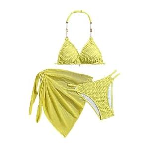 SOLY HUX Girl's Summer Swimsuit Set Floral Halter Triangle Bikini Set with Wrap Skirts Beachwear Pure Yellow 11Y