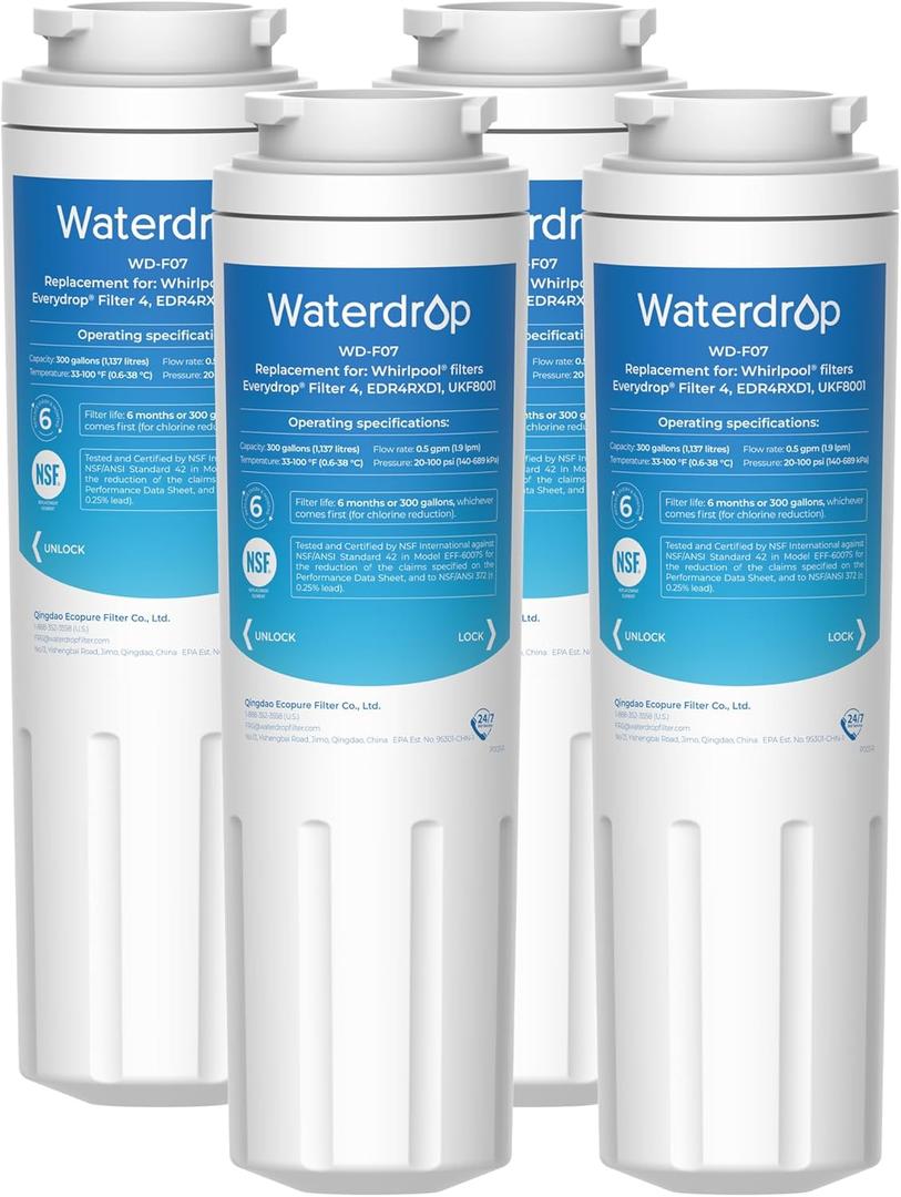 Waterdrop UKF8001 Refrigerator Water Filter 4, Replacement for Whirlpool EDR4RXD1, EveryDrop Filter 4, Maytag UKF8001AXX-750, UKF8001AXX-200, 46-9006, Puriclean II, WF-UKF8001, 4 Filters