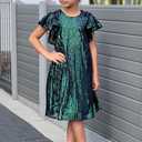 GRACE KARIN Girls Sequin Dress Short Flutter Sleeve Flare Silhouette Midi Dress with Hairbow 5-12Y (5-6 Years, Green on Black)