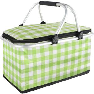 Insulated Picnic Basket,Collapsible Cooler Bag,32L Grocery Basket with Lid,2 Sturdy Handles,Storage Basket for Picnic,Food Delivery,Take Outs,Market Shopping,Travel (Green Grid) (32L-NO LeakProof)