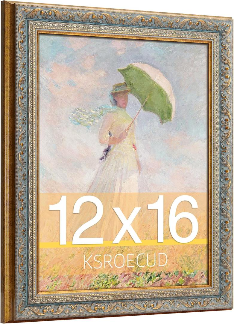 12x16 Picture Frame, HD Real Glass 12x16 Ornate Vintage Photo Frame, 12 by 16 Oil Painting Poster Frame with Gold Blue Border and Distressed Rust-Like Finish, Horizontal & Vertical Display for Tabletop or Wall Decor (1 Pack