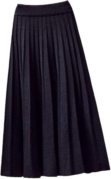 Women's Elastic High Waist Skirt Elegant Knitted A-Line Skirt Ladies Pleated Casual Long Skirts S Black