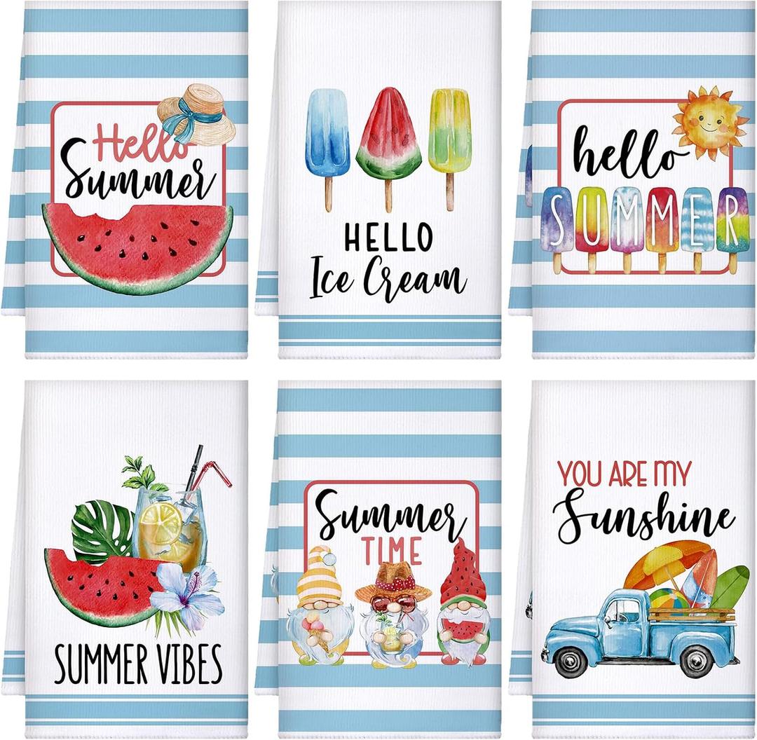 Sratte 6 Pcs Summer Kitchen Towels Watermelon Gnome Tea Dishtowels 24 x 16 Inch Farmhouse Absorbent Blue White Stripe Hello Summer Hand Bathroom Towels for Kitchen Bathroom Decor
