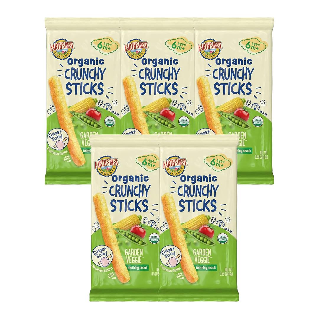 Earth's Best Organic Baby Food, Dissolvable Teething Snack for Babies 6 Months and Older, Garden Veggie Crunchy Sticks, .56 oz Pack (Pack of 5) BBD: 02-19-26
