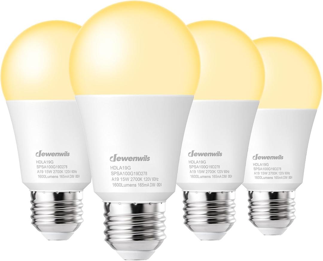 DEWENWILS 4 Pack A19 LED Light Bulb 100W Equivalent, Dimmable LED Bulbs, 2700K Soft Warm Glow, 1600LM, 15W, E26 Medium Base, UL Listed