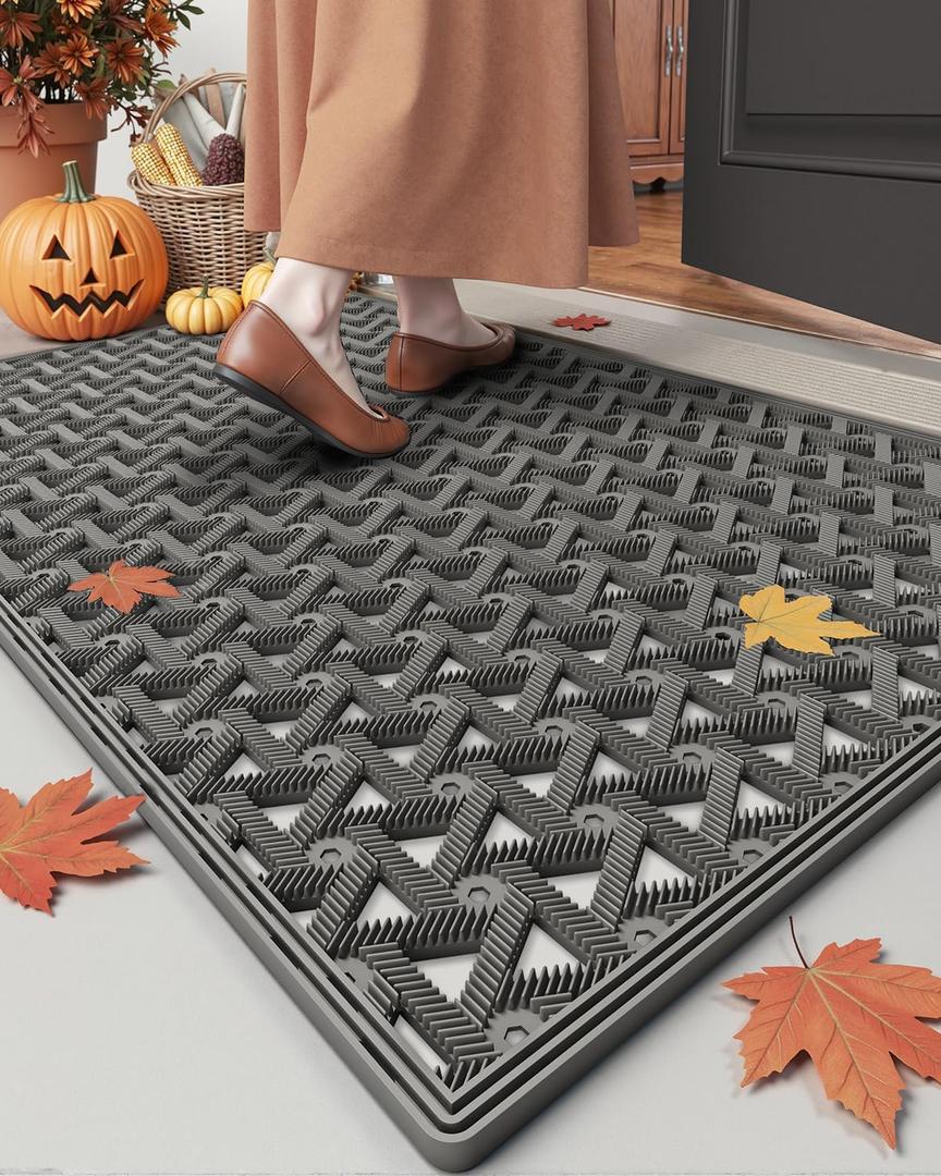 DEXI Front Door Mat Outside Entrance19x30 Rubber Floor Doormat Heavy Duty Non Slip, Dirt Trapper Waterproof Exterior Entry Mats All Weather for Patio Entryway Drainage, Grey (1'7" x 2'6" (Rectangular))