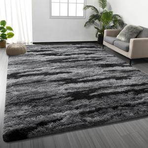 Deerhoo Large Shag Area Rugs 6 x 9, Tie-Dyed Plush Fuzzy Rugs, Black Gray | Soft Furry, Non-Slip, Washable, Indoor Carpet, For Living Room, Boys Bedroom, Nursery Kids Home Decor