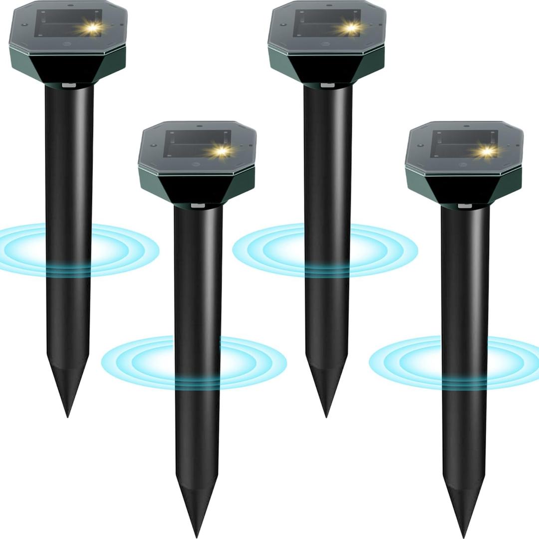 Snake & Mole & Rabbit & Skunk Repellent Solar Powered, 2026 Upgraded Ultrasonic Deterrent, IP65 Waterproof, Gopher Groundhog Chipmunk Raccoon and Vole Repellent & Deterrent for Lawn & Garden, 4 Pack