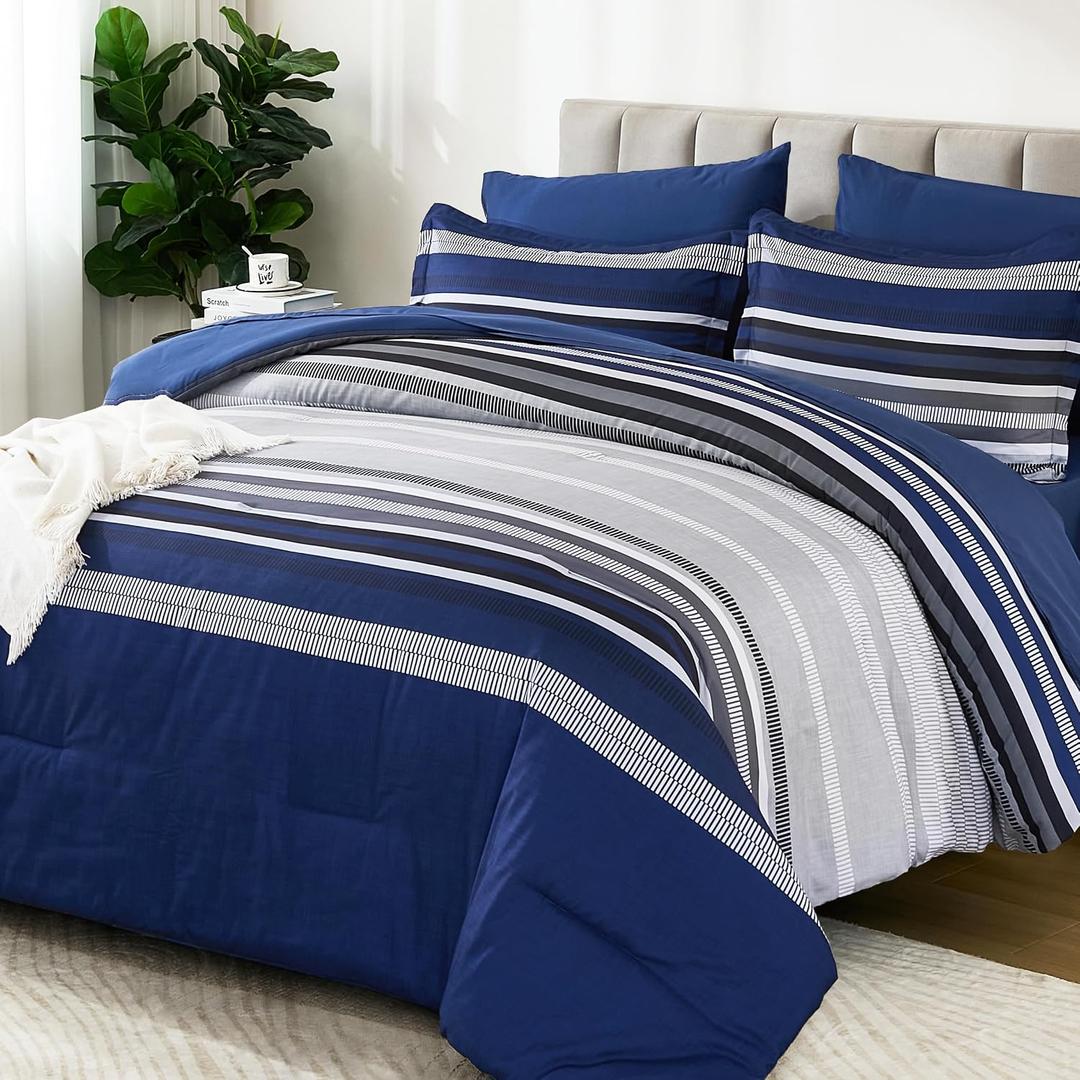 Navy Blue Queen Comforter Set 7 Pieces, Boho Bed in a Bag Striped Bedding
