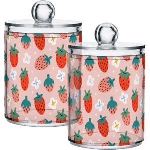 Kigai 2 Pack Apothecary Jars Cute Strawberry Qtip Holder Organizer Clear Airtight Container for Cotton Swabs Food Storage 14oz Plastic Jars with Lids (A1)