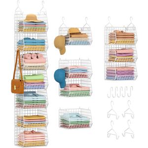 7 Tier Hanging Closet Organizer and Storage, Foldable Wire Closet Shelving with 4 Large Hooks+5 S Hooks,Hanging Basket for Clothes Sweaters Shoes Handbags,Wardrobe Kitchen Laundry Room-White
