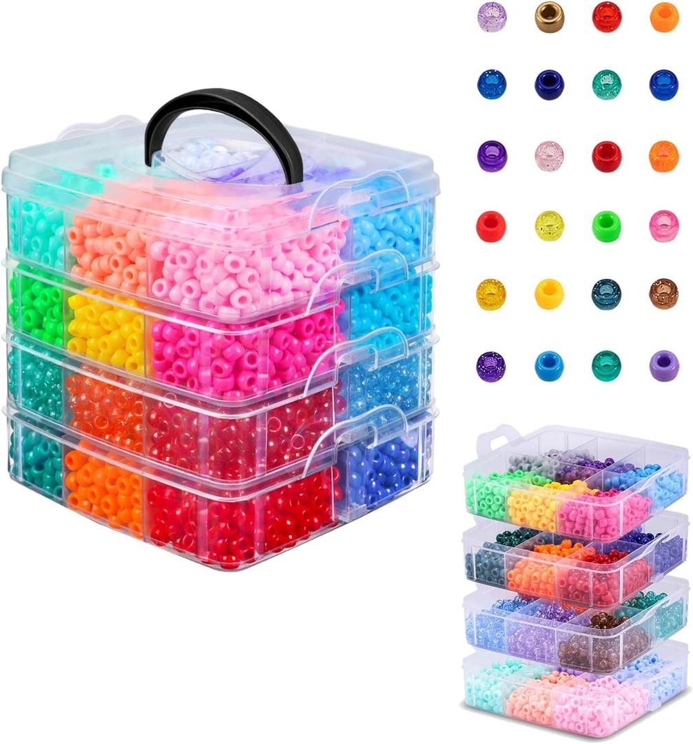 4800Pcs Pony Beads, 24 Colors Plastic Bead Bulk for Creating Bracelets Crafts Hair Beads Kandi Friendship Jewelry DIY Making, Craft Days Gifts, Boxed Easy to Store (24 Assorted Colors)