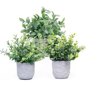 FGSAEOR Mini Potted Fake Plants, Small Artificial Greenery Realistic Plants Topiaries, Low Maintenance, for Home Office Shelf Desk Farmhouse Room Coffee Table Decor (3-Pack) (Grey (Round Pot))