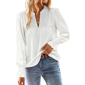 Boho Tops for Women V Neck Blouses Flowy Swiss Dot Dressy Casual Lace Women's Long Sleeve Shirts Trendy 2026 (Large, White)