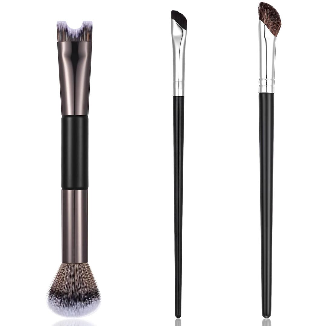 Grevosea 3 Pcs Contour Brushes for Makeup, 2 in 1 Dual-End Nose Contour Brush Angled Blush Brush for Cheeks Sculpting Highlighting Defining Eyeshadow Makeup Brushes