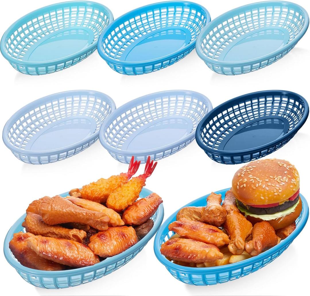 12 Pcs Plastic Fast Food Restaurant Baskets Fast Food Snack Baskets Blue Plastic Oval Serving Tray for Hot Dogs Burgers Sandwiches Chips 6 Colors
