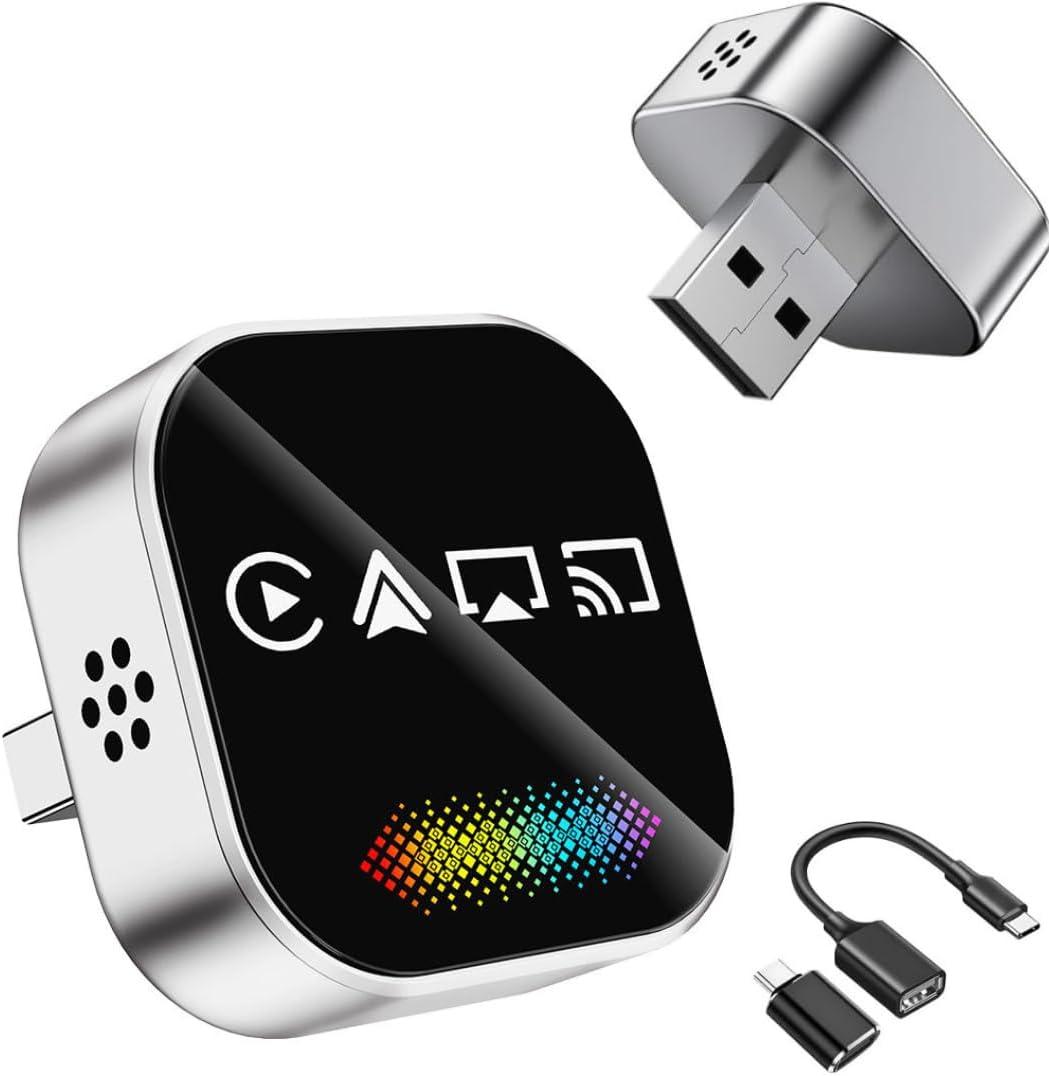 2026 Upgraded Wireless Carplay Adapter, 4-in-1 Wireless CarPlay Adapter for Android & iPhone CarPlay + Screen Mirroring, AirPlay Mirror & Android Mirror, Mini USB with Type-C Plug & Play