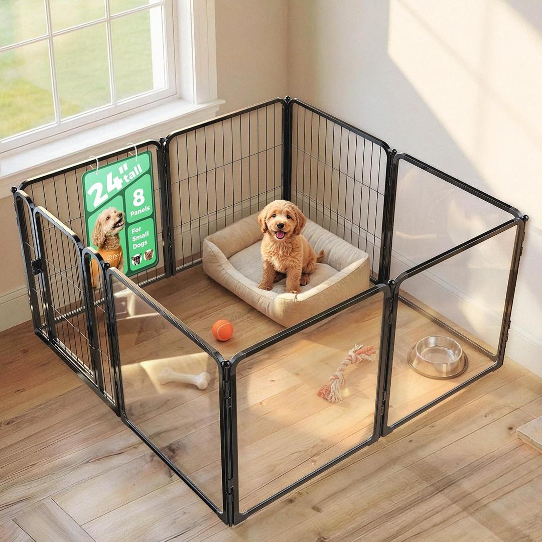 FXW AuraSpace Pro Acrylic & Wire Mesh Indoor Dog Playpen, 24" Height 8 Panels Metal Dog Pen for Puppies & Small Dogs, BlackPatented