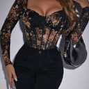 SweatyRocks Women's Sheer Floral Lace Long Sleeve Bodysuit Tops Sweetheart Neck Jumpsuit (Black, XS)