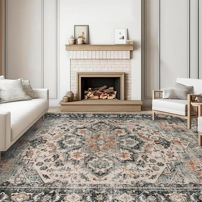 HILORUUG Washable Area Rug 9x12 - Bedroom Living Room Large Indoor Rugs Soft Oriental Vintage Rugs Non-Slip Backing Stain Resistant for Farmhouse Kitchen (9x12 Orange)