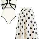 FLAXMAKER Black and White Swimsuit Bow-tie Decor Women's Polka dot Print Skirt One Piece Bathing Suit with Skirt (Medium)