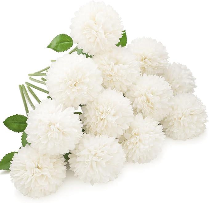 Floweroyal 8 pcs Artificial Chrysanthemum Ball Flowers Silk Hydrangea Bridal Wedding Bouquet for Home Garden Party Office Coffee House Decoration (Cream White)