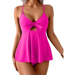 Eomenie Two Piece Tankini Swimsuits for Women Tummy Control Cutout Bathing Suit Tie Knot Flowy Swim Dress with Bottom (Pink, XL)