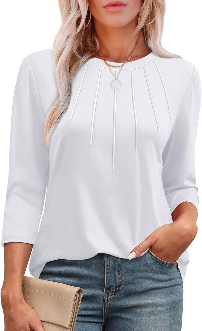 XIEERDUO 3/4 Length Sleeve Womens Tops Round Neck Casual Tunic Tops Basic Pleated Shirts Loose Fit 2025 (Large, White)