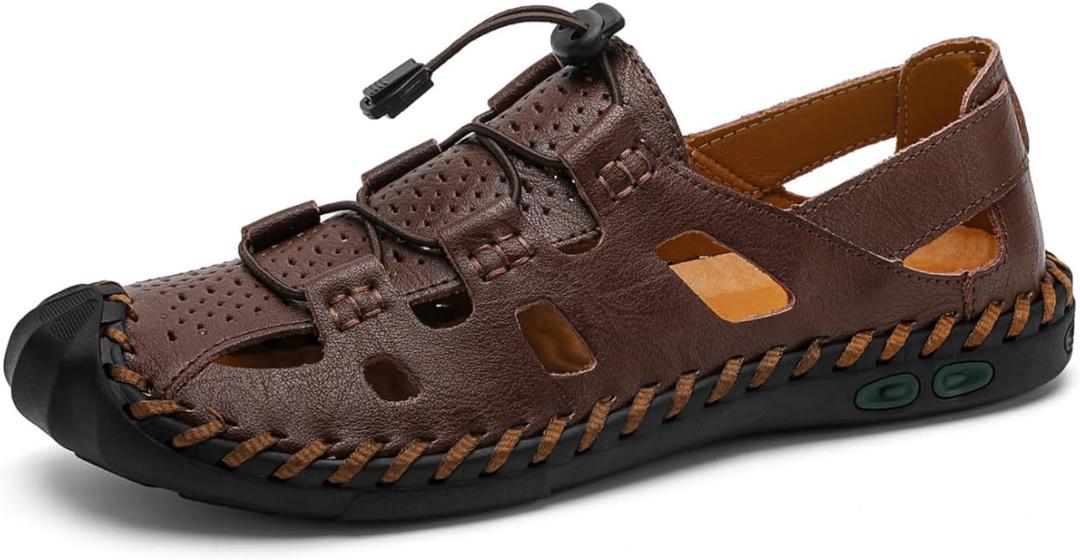 Mens Casual Closed Toe Leather Sandals Outdoor Fisherman Adjustable Sport Summer Shoes, 7.5, Dark Brown