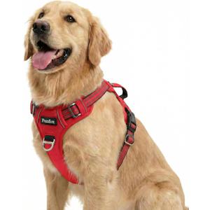 Funfox Dog Harness No Pull, Adjustable Pet Vest Harness, Super Soft Material with Vertical Handle Easy Control, Reflective Night Walking, 2 Leash Clips for Large Dogs, Red, L