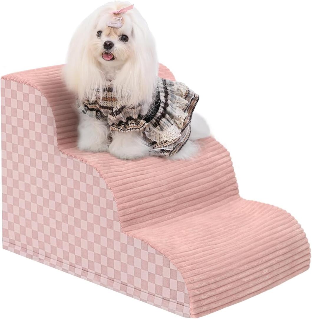 Dog Stairs Ramp for Couch 15.7H, 3-Step Pet Stairs for Small Dogs with High Density Foam, Dog Slope Stairs with Durable Non-Slip Bottom for Puppy Pink