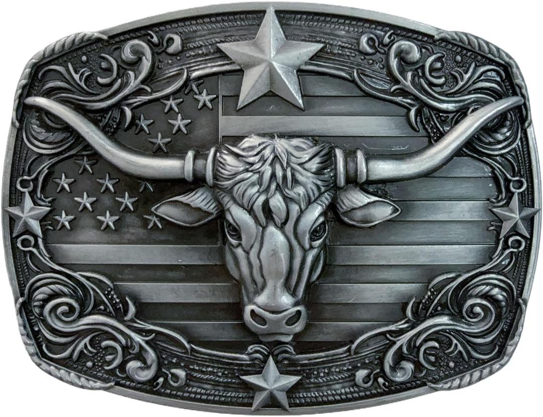 Western Belt Buckles for Men Cowboy Belt Buckle American Flag Belt Buckles Longhorn bull Silver