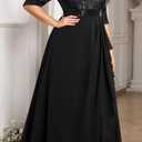 Talisea Plus Size Formal Dresses - V Neck 3/4 Sleeves Sequin Evening Gowns Prom Gala Wedding Guest Chiffon Long Maxi Dress (Black) 16 Plus 
