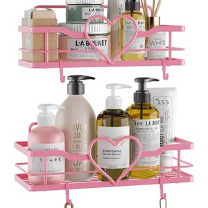 Pink Shower Caddy with 4 Removable Hooks, 2 Pack Sweet Heart Shower Shelves, No Drilling Adhesive Organizer Shelf for Bathroom Shower, Kitchen, Bedroom