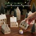 Christmas Village Set - Ceramic Houses, Remote LED Tea Lights, Trees