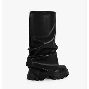 Women's Platform Round Toe Fold Over Mid Calf Boots Chunky Heel Pull-On Fashion Shark Booties for Ladies Party Shoes Black 8,5