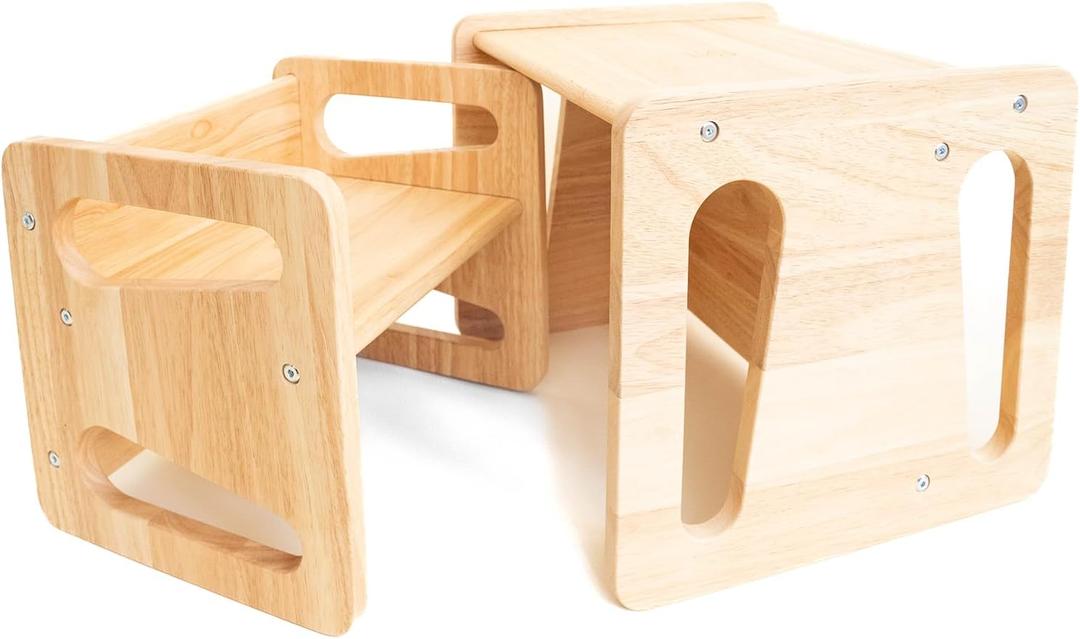Montessori Weaning Table and Chair Set - Solid Wooded Toddler Table - Cube Chairs for Toddlers - Real Hardwood - Kids Montessori Furniture (Classic,  Medium, Small)